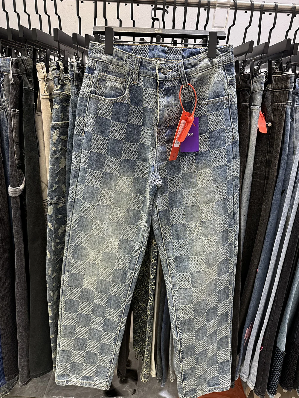 

Plaid Pattern Light Blue Men's Jeans Y2k New Mid Waist Distressed Pants Loosen Male's Streetwear