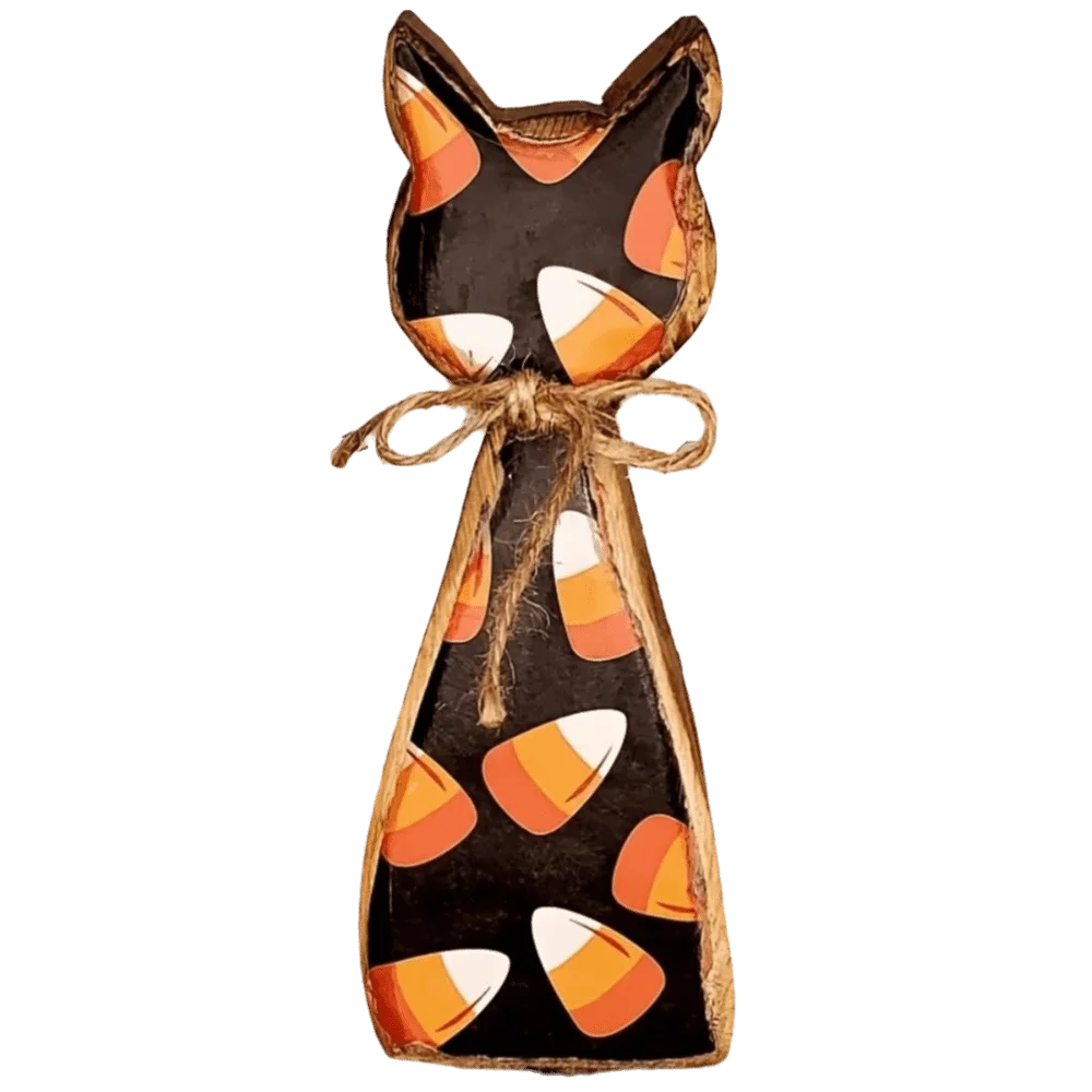 Vintage Wooden Cat Shaped Tray Double Sided Pattern Rustic Style Pumpkin Ghost Bat Ornament Cartoon Cat Statue