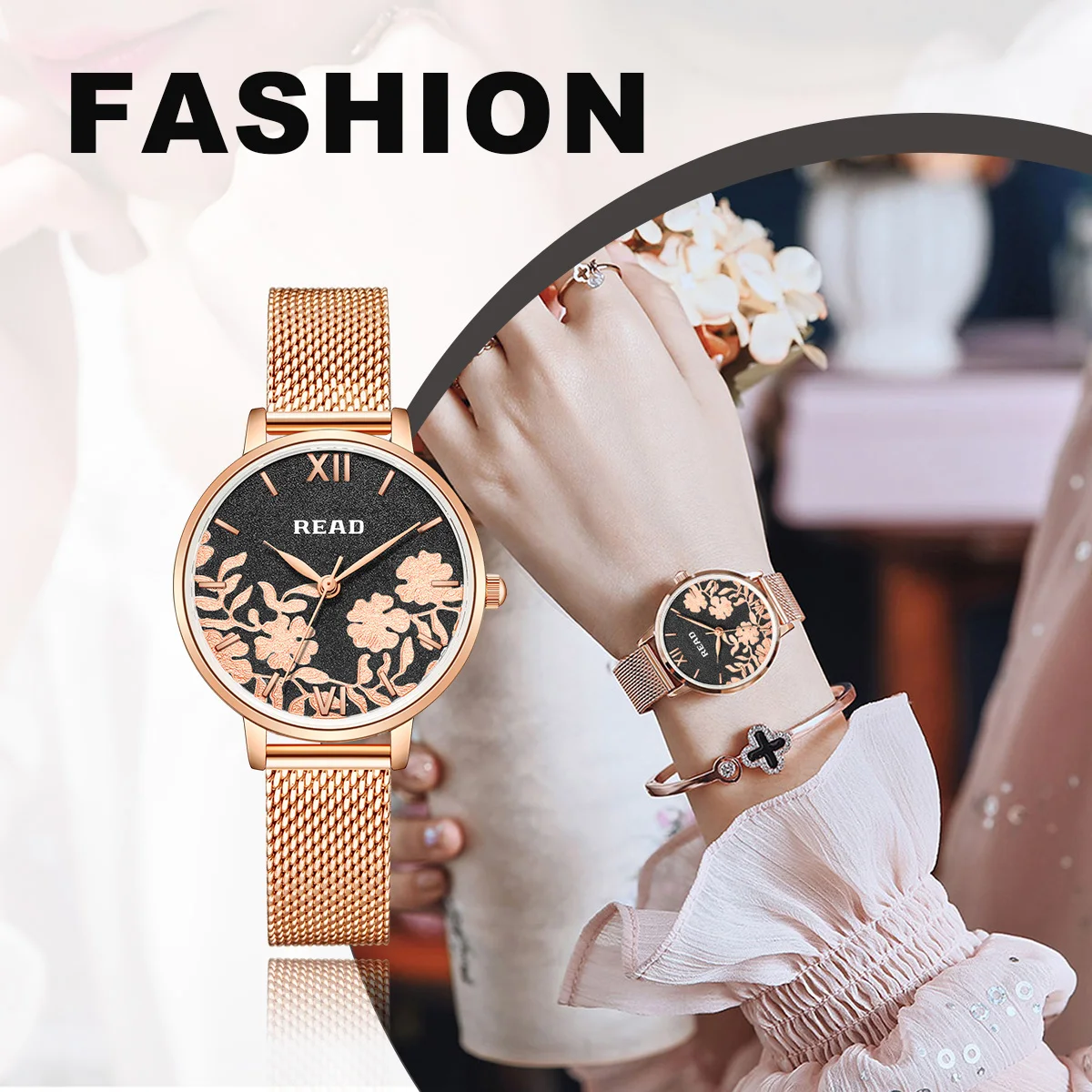 READ Vintage Floral Ladies Analog Watch | Rose Gold Stainless Steel Mesh Bracelet | Japanese Quartz | Daily Life Water Resistant