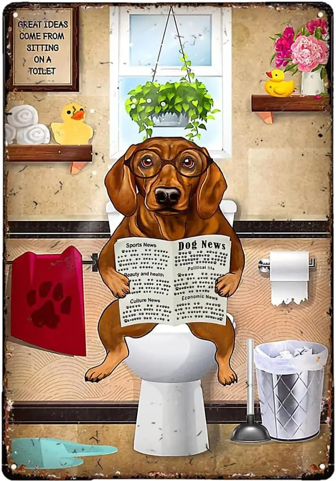 Licpact Brow Dachshund Sits On Toilet and Reading NewspaperMetal Sign for Bedroom Cafe Home Bar Pub Coffee Kitchen Bathroom Funn