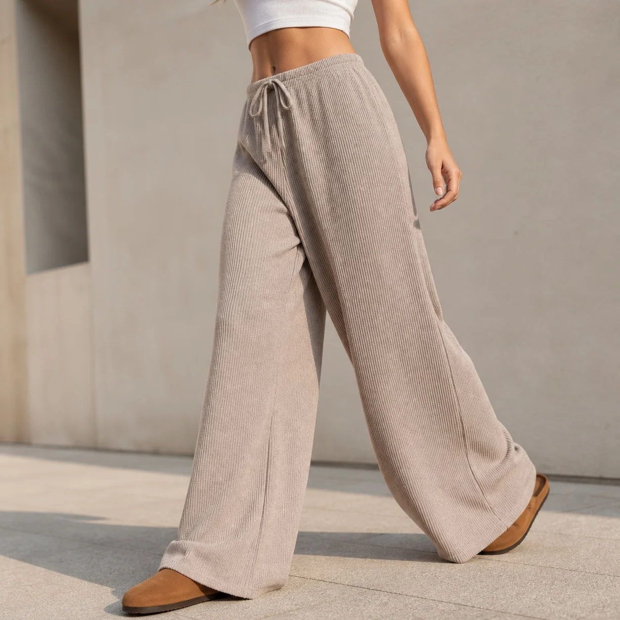 Women's Mid Waist Long Wide Leg Pants Casual Fit Female Clothing Woman Clothes Women's And Woman Clothing for Women Ribbed Knit