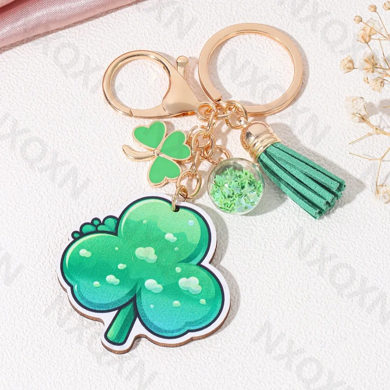 Green Four Leaf Clover Luck Wooden Keychain Pretty Leaves Lucky Key Ring For Women Men St. Patrick\'s Day Gift Handmade Jewelry