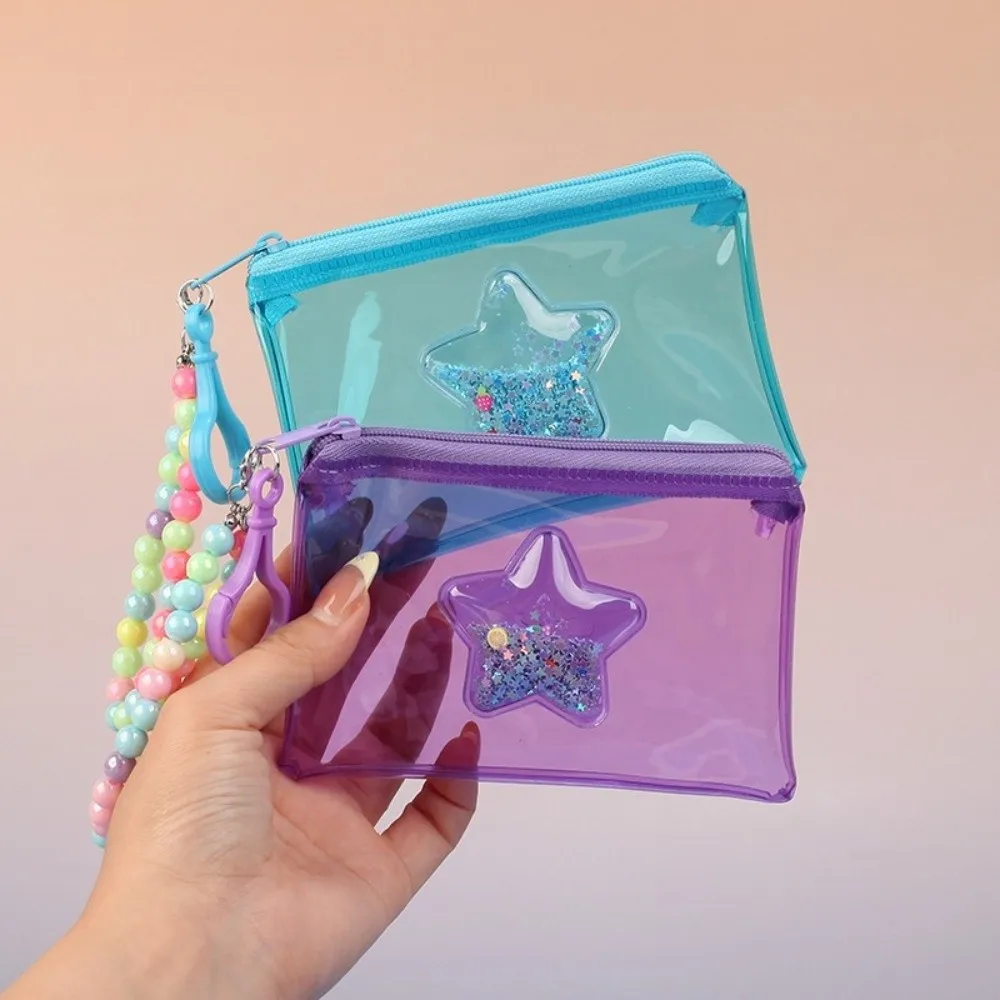 Cute Quicksand Coin Purse Colorful Transparent Student Card Holder PVC with Beaded Lanyard Travel Storage Bag