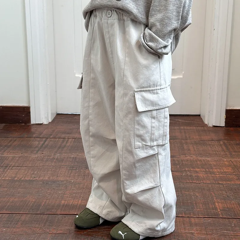 Washed Cotton Cargo Pants Elastic Waist Multi Pocket Adjustable Cuff Casual Trousers Boys Girls