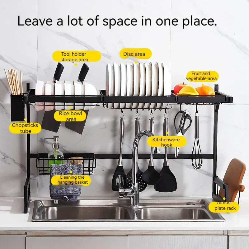 

65/85cm Stainless Steel Dish Rack Drainer Kitchen Storage Drying Shelf Tray Over Sink Utensil Holder Drain Kitchen Organizer