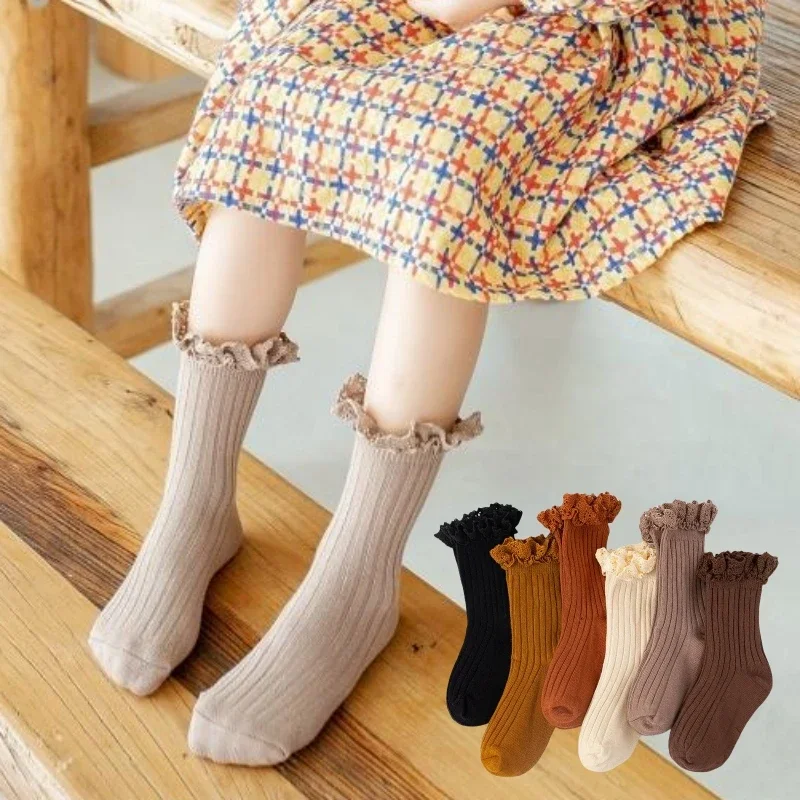 Korean Baby Children Girls Cute Striped Socks Kids School Uniform Stockings Princess Floral Ruffled Long Socks Mid-calf Socks