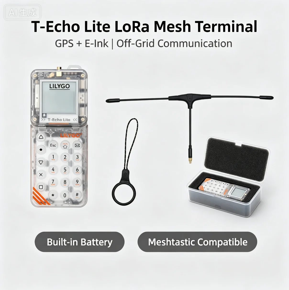 Meshtastic Off-Grid Communication Device,With Antenna & Lanyard T-Echo Lite LoRa Kit, NRF52840 SX1262, GPS E-Ink Screen