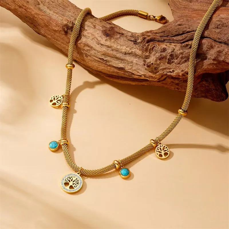 Fashionable versatile women's jewelry gold sunflower inlaid with turquoise stainless steel bracelet earrings necklace jewelry