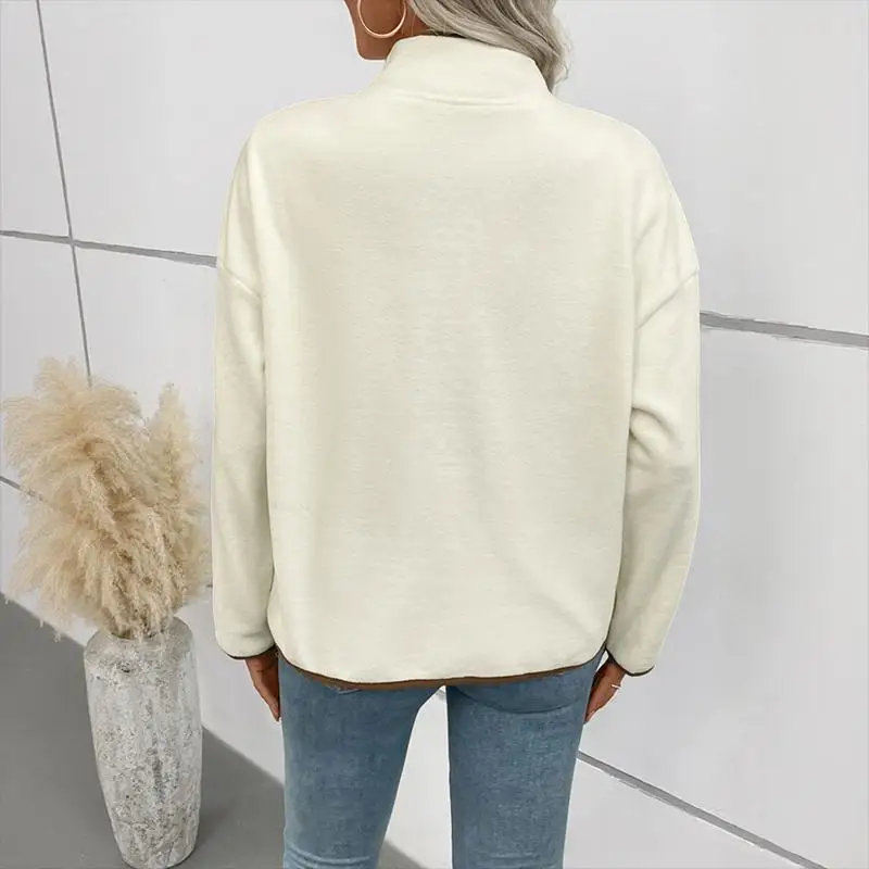 Women's White Stand Collar Jacket with Brown Contrast Trim Button Front Flap Pockets Autumn Casual Fashion Loose Fit