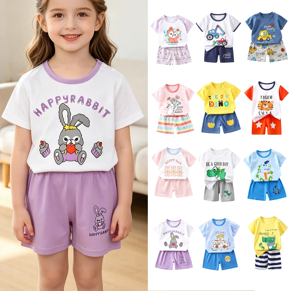 Girls Clothing 1 2 3 4 5 6 Years 2026 Summer Cotton 100% Kids Clothes Sets for Boys Loose Outfits White Black T-Shirt and Shorts