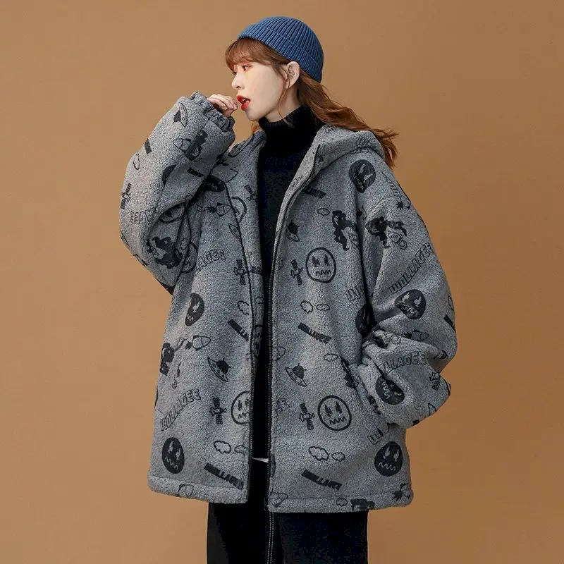 Vintage Bear Fashion Trend Hoodies Lamb Wool Winter Hooded Coat Women Niche Design Japanese Warm Jacket Popular Kawaii Clothes