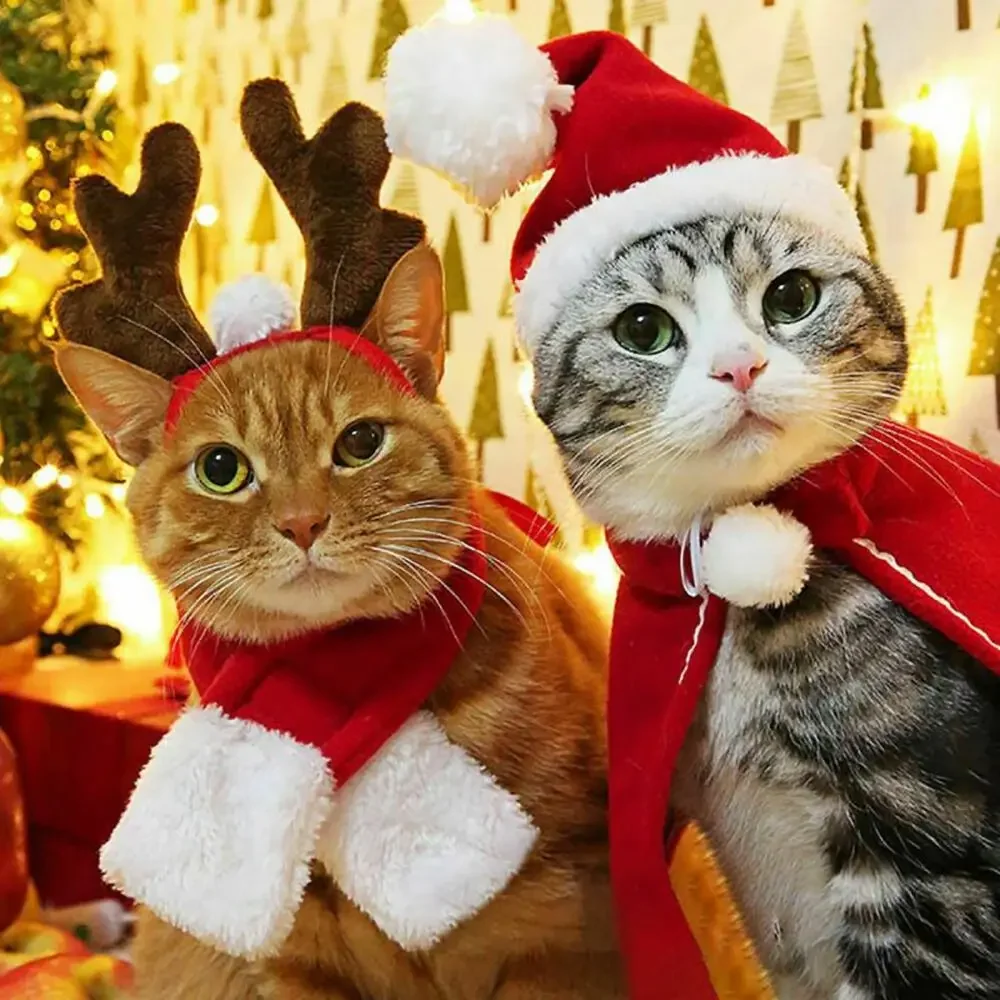 Niedlicher Winter-Haustier-Umhang für Hunde und Katzen, Weihnachtskleidung, warmer Welpe, Weihnachtsmann, roter Schal, Mütze, Kopf, lustiges Weihnachts-Haustierkostüm für Hunde und Katzen
