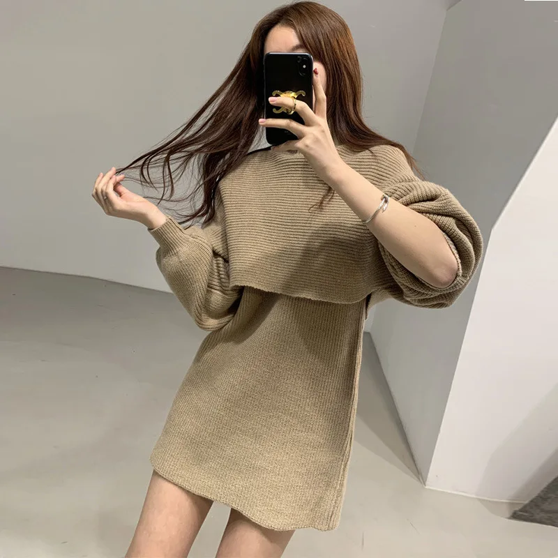 Temperament lantern sleeves new medium and long knitted two-piece set turtleneck suit vest dress women