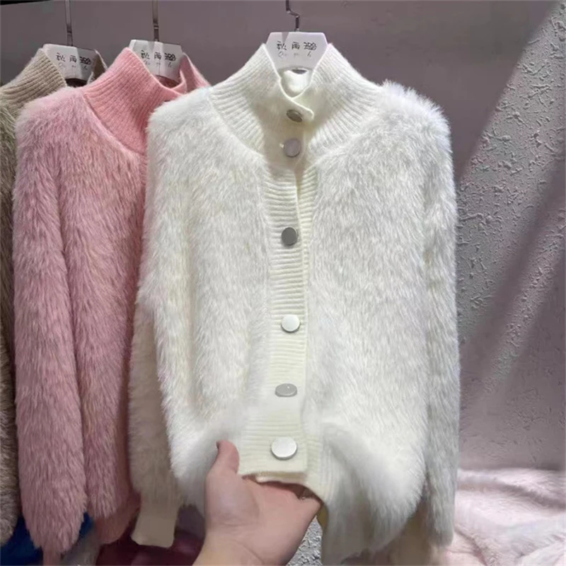 Gidyq Fashion Women Cardigan Sweater Korean All Match Hairy Loose Knitted Coats Female Casual Big Button Warm Jacket Winter New