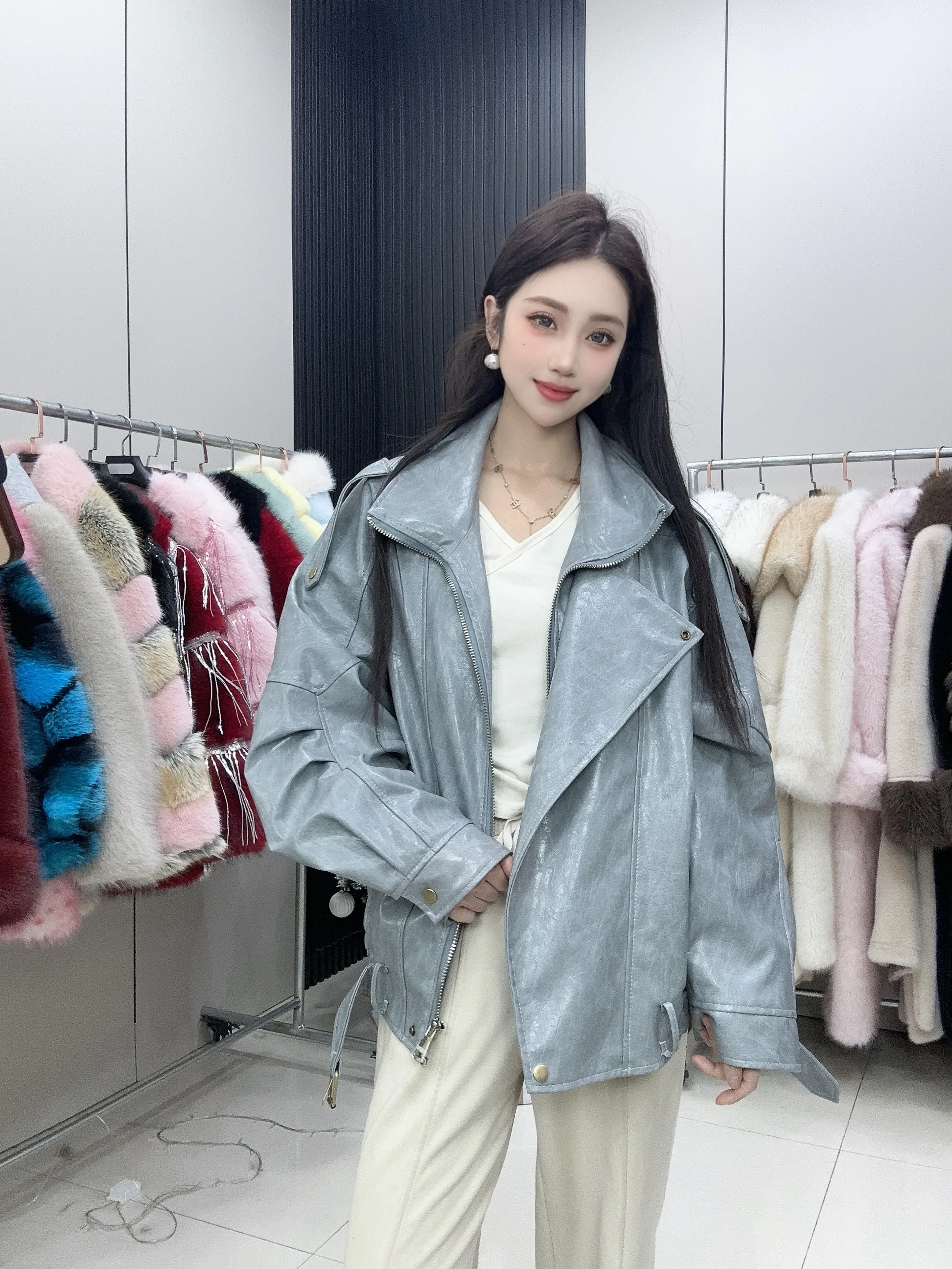 2025 Spring and Autumn Leather Jacket Womens Classic Locomotive Coats Cool Girls Casual Burgundy Leather Jacket