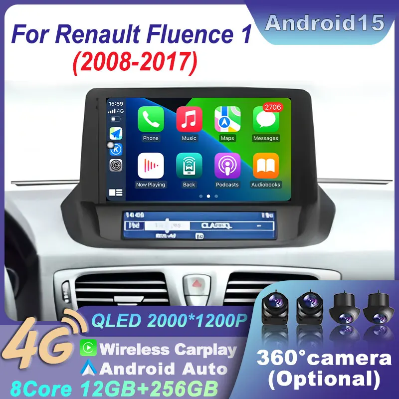 For Renault Fluence 1 2008-2017 Car Radio Video 4G Navigation Multimedia Android 15 2K QLED Screen Stereo GPS Wireless Carplay