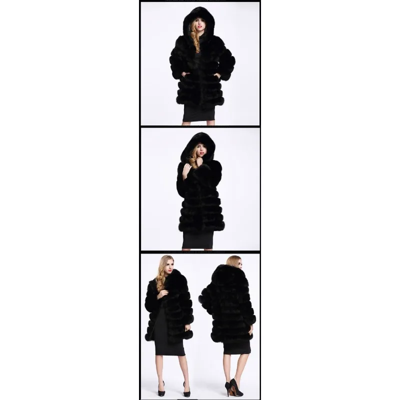 Faux Fur Coat for Women in Europe and America New Mid Length Patchwork Hood Thickened Warm Coat