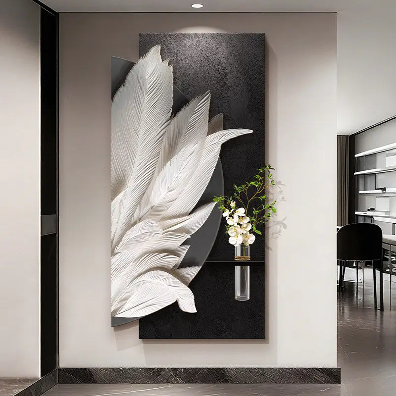Italian minimalist feather entrance decoration painting hydroponic green plants corridor hanging mural lights