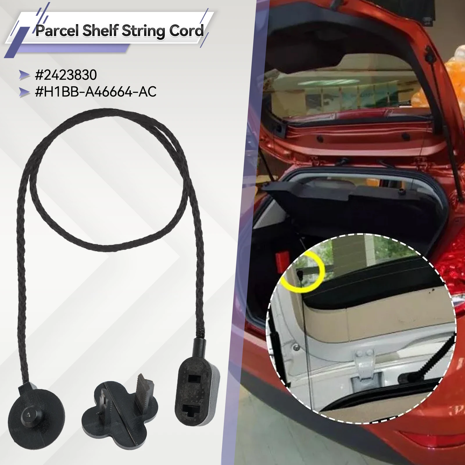 Car Parcel Luggage Shelf String Trunk Cord Tonneau Cover Pivot Strap Holder For Ford For Fiesta 2017-2023 2423830 H1BB-A46664-AC