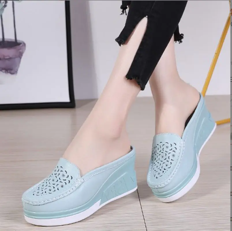 New Arrival Summer Women Platform Slipper Pattern Floral Flats Breathable Leather Casual Shoes Slip-on Comfortable Nurses Shoes