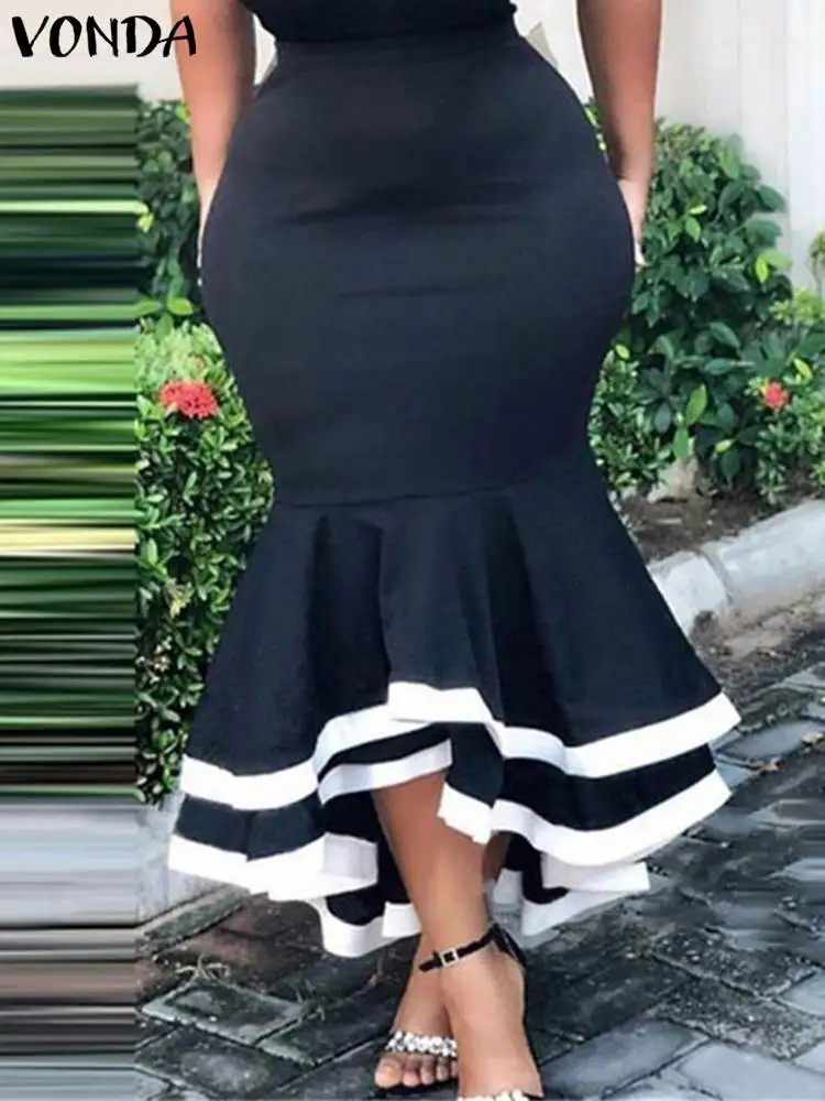 VONDA oversize eleganckie damskie letnie sukienka z rybim ogonem z wysokim stanem spรณdnice Midi z falbanami w stylu Casual, plisowana kolorowy