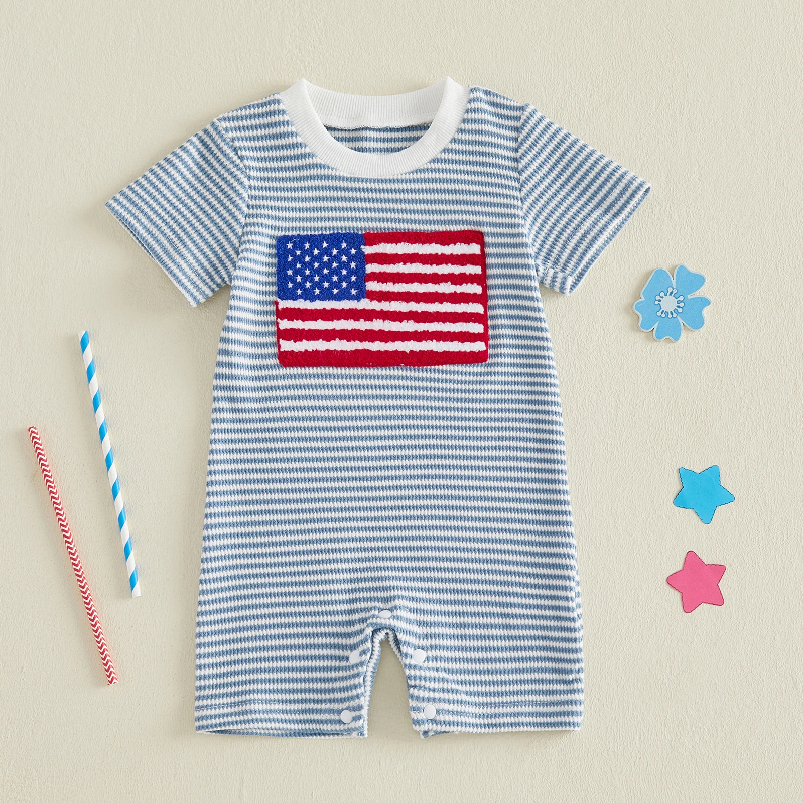 4th of July Baby Boy Outfit Romper USA Flag Short Sleeve Jumpsuit Bodysuit Cute Infant Newborn Waffle Clothes