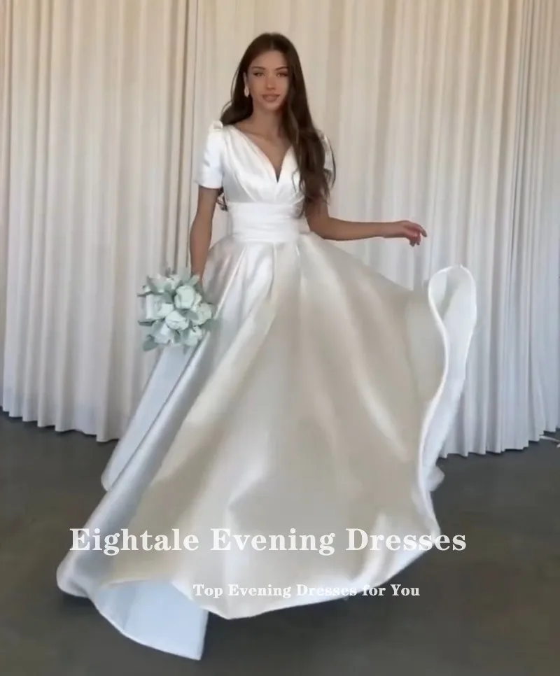 فستان زفاف عربي Eightale برقبة على شكل حرف v مخصص من الساتان العاجي وأكمام قصيرة فستان زفاف على شكل حرف a طول الأرض فستان حفلات العروس