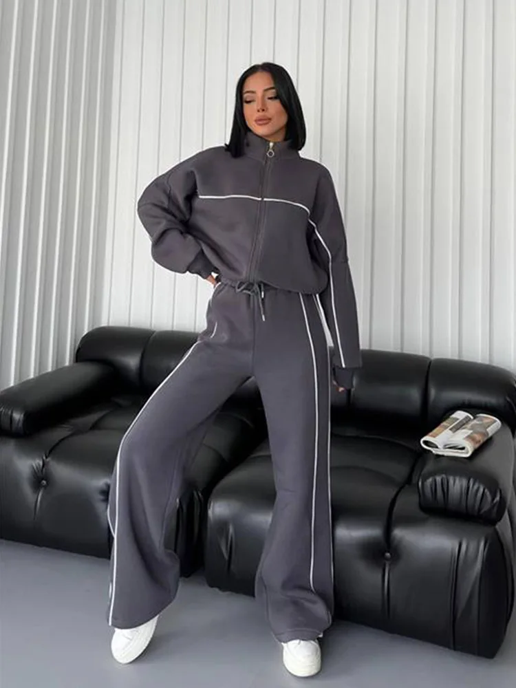 Casual Sweatsuits For Women Stand Collar Long Sleeve Zip Top Lace Up Straight Trousers 2 Piece Set 2024 Autumn Lady New