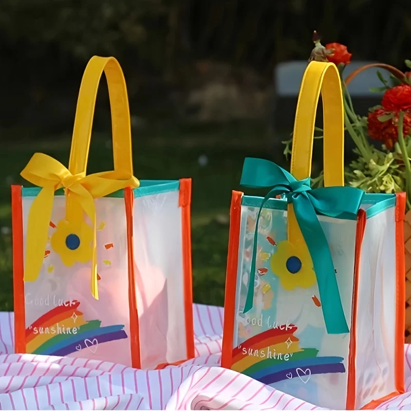 1pc Transparent Tote Gift Bag, Portable Double Handle Handbag For Daily Outdoor Travel Shopping/Birthday Party Favor Supplies