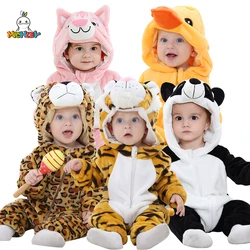 MICHLEY Halloween Flannel Baby Rompers Winter Warm Clothes Costume Hooded Bodysuits Pajamas Cute Overall Jumpsuit For Girl Boy