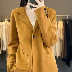 Autumn And Winter New Worsted Wool Cardigan Women's Coat Solid Color With Pocket Suit Collar Loose Sweater Top