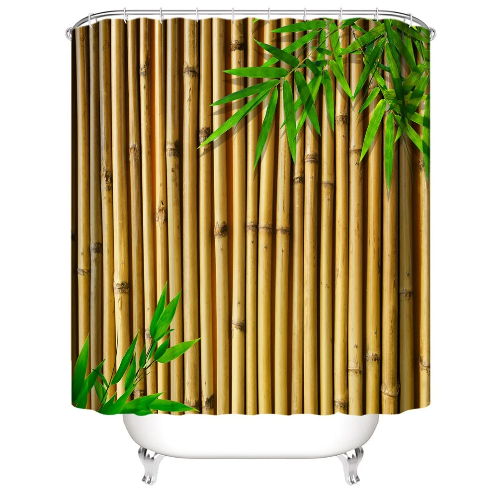 1PC, green bamboo wall, modern home bathroom waterproof shower curtain, with 12 plastic hooks, 71in*71in