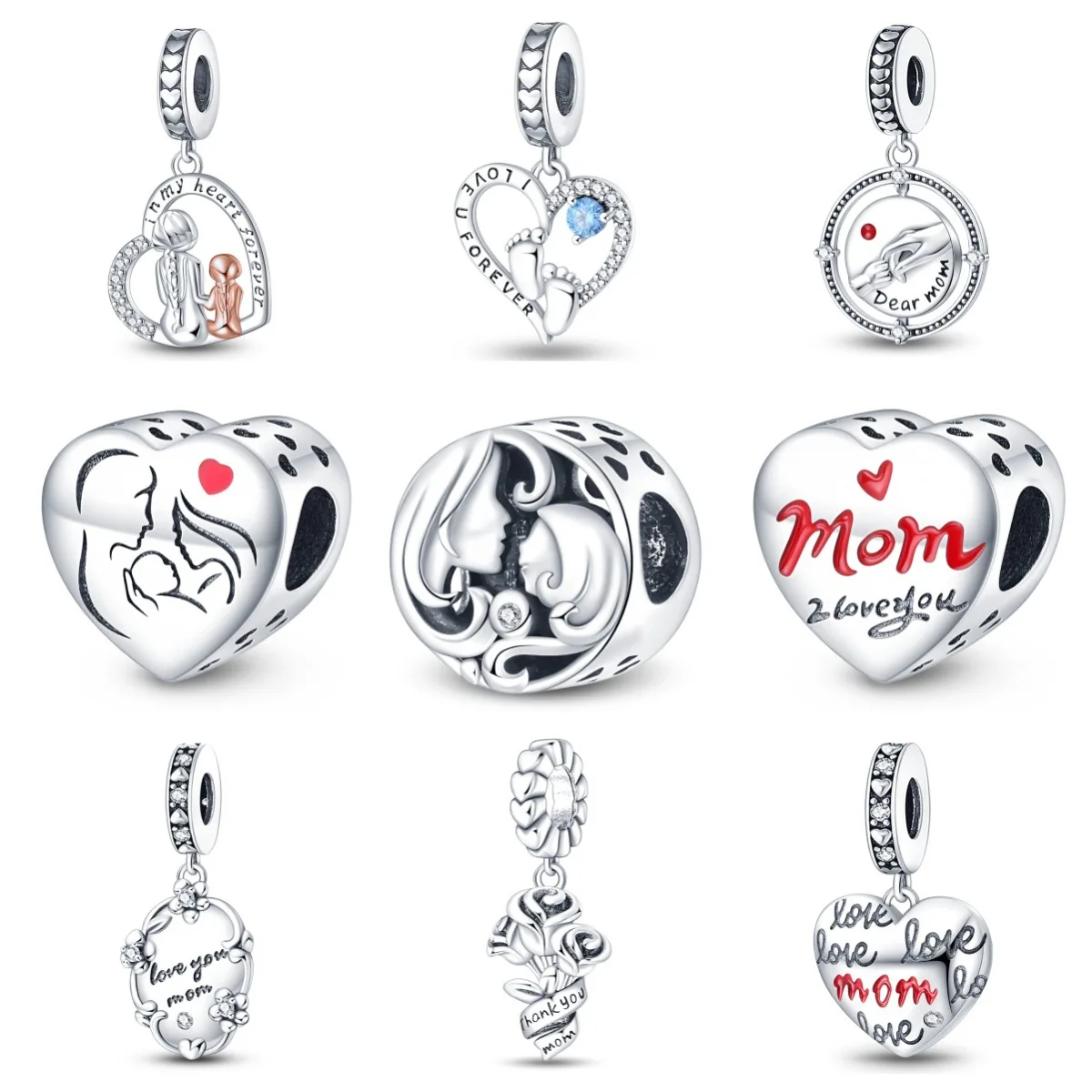 Silver Plated Heart Mother Child Charms Beads Fit Original Bracelets Bag Keychain Charms Beads Pendant Diy Women Jewelry Gift