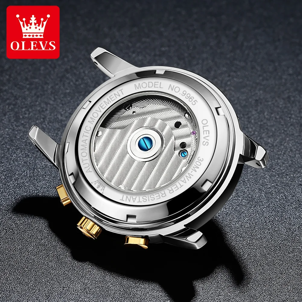 OLEVS Brand Fashion Blue Mechanical Watch for Men Stainless Steel Waterproof Luminous Calendar Luxury Tourbillon Watches Mens