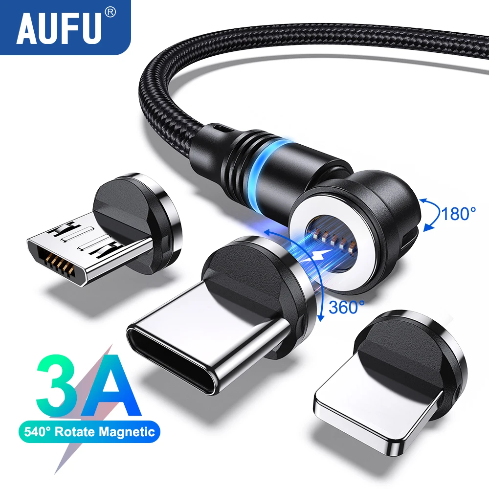 AUFU 540 Rotation Magnetic Cable 3A Fast Charging Magnet Type C Mirco USB Phone Data Cord For iPhone Xiaomi Oneplus Oppo Realme
