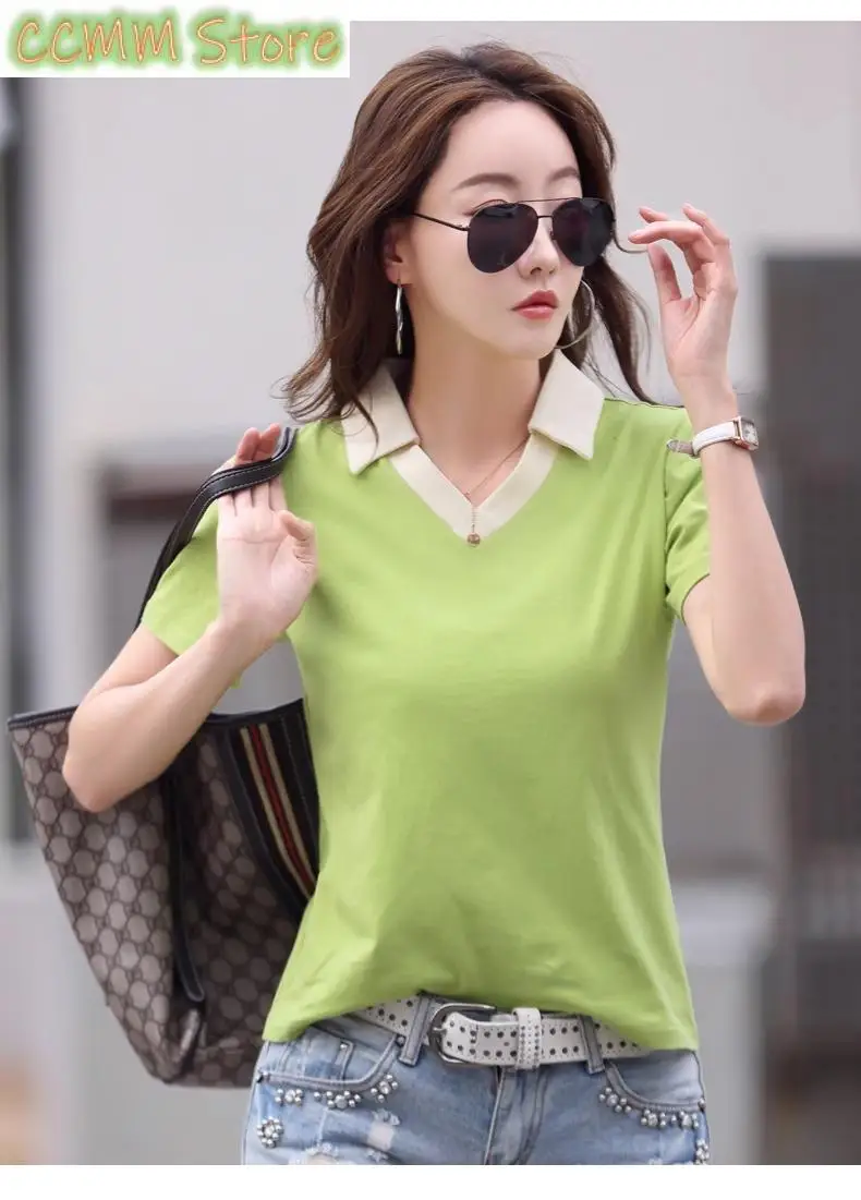 

European Station Polo Neck Short Sleeve T-shirt Women's Summer New Fashion Light Luxury Contrast Color Loose Large Casual Top
