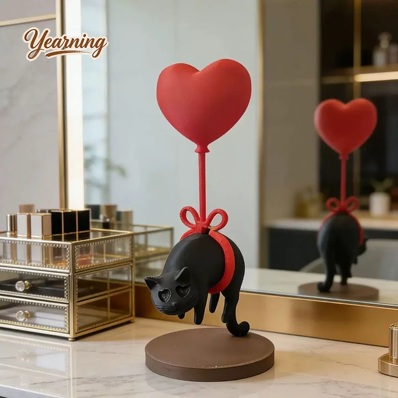 Creative Suspended Black Cat Love Balloon Desktop Ornament 3D Printed Healing Home Decor Valentine