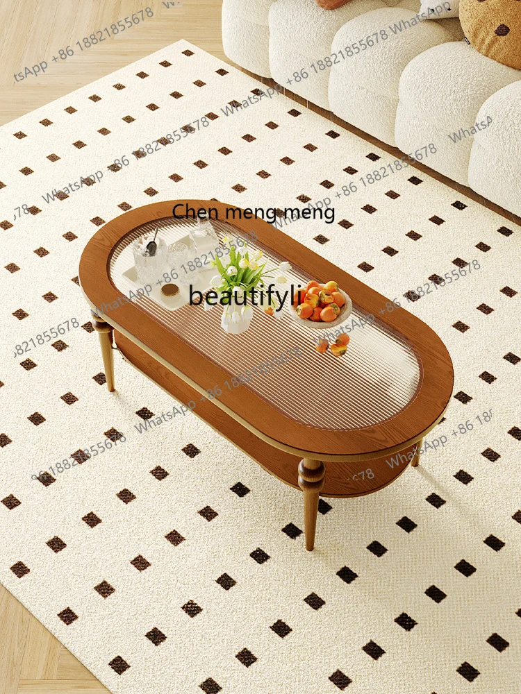 

French Retro Solid Wood Coffee Table TV Cabinet Combination Living Room Home Oval Tea Table Solid Wood Furniture