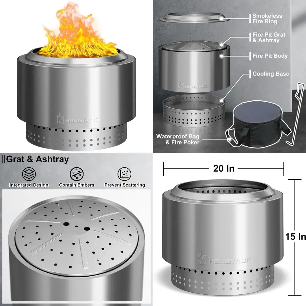 

Портативная 20-дюймовая дровяная костра со съемной формой для золы, водонепроницаемой крышкой и покером, нержавеющая сталь, идеально подходит для заднего двора