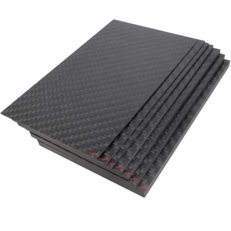 صفائح لوحة ألواح من ألياف الكربون، صلابة مركبة عالية، 125 مم × 75 مم، خيارات سمك متعددة، 0.5 مم إلى 5 مم