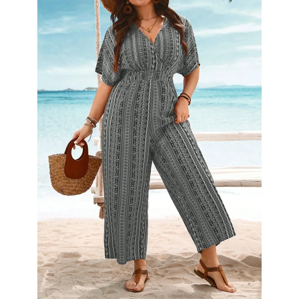 حجم كبير 1XL-5XLFashion المرأة عارضة طباعة قصيرة الأكمام بذلة السيدات عارضة الأزهار المطبوعة الشاطئ بذلة طويلة