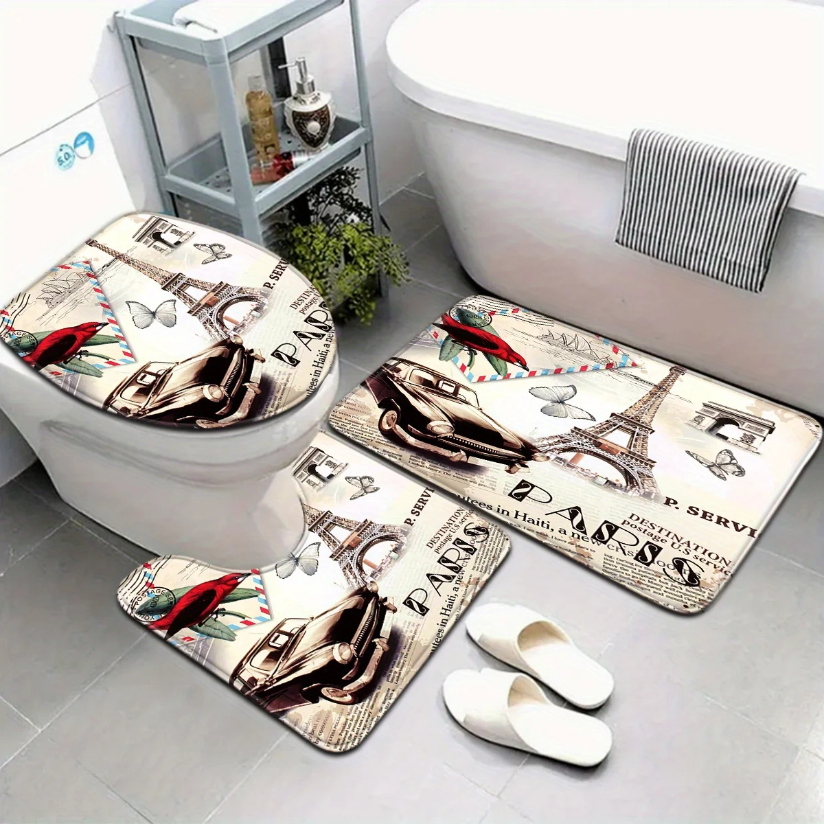 

Eiffel Tower and Car Bathroom Set in Paris - Soft Non Slip Contour Mat, Toilet Lid, and Bath Mat for Fashionable Home Decor