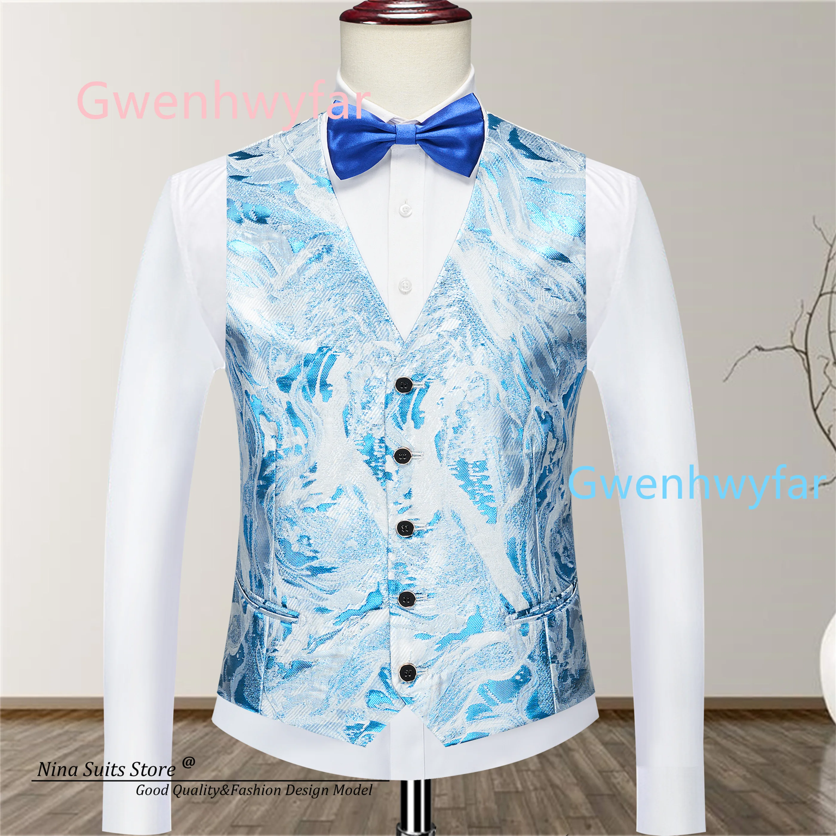 Gwenhwyfar Custom Make Suits Jacquard Tuxedos for Groom Bride Father 2026 New Blue White Pattern Suits Blazer Vest Pants