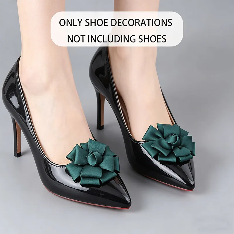 

2Pcs Dark Green Satin Flower Shoe Clips Detachable Elegant Shoe Decoration for Women High Heels Wedding Party DIY Accessories