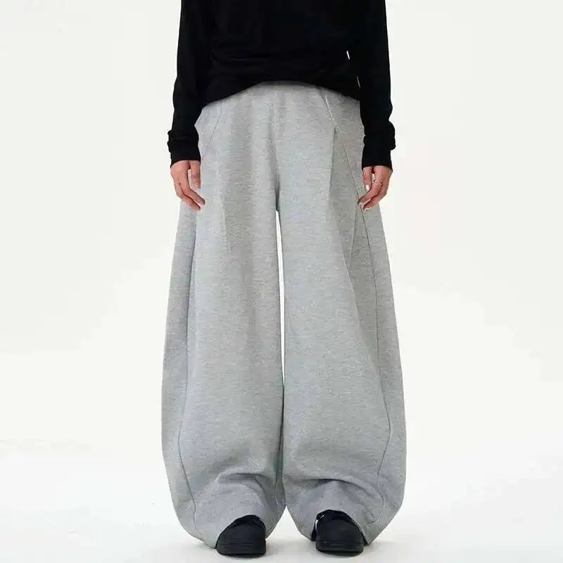 Pleated Design Men's Casual Pants Solid Color Elastic Waist Wide Leg Sweatpants Silhouette All-match Male Bottom New 9W9NWS