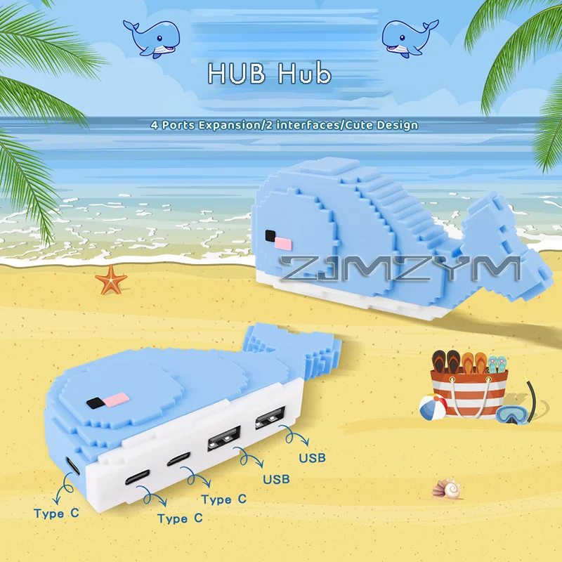 

USB-концентратор в форме кита для настольного орнамента, USB-док-станция, интерфейс Type-C, компьютерный ноутбук, USB-док-станция, устройство чтения карт USB 2.0