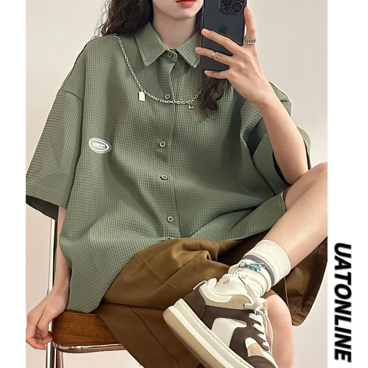 

American casual retro waffle necklace short-sleeved shirt for women summer loose design half-sleeved top men clothing y2k tops