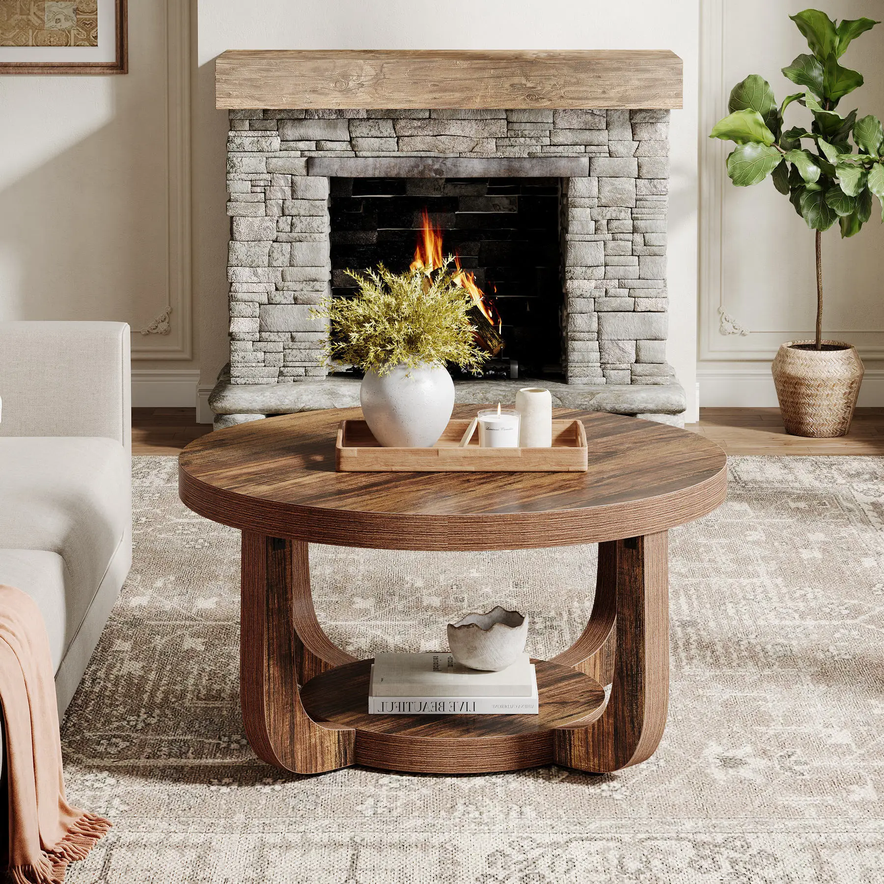 Cross-border e-commerce Amazon American country style round coffee table double storage wooden coffee table foreign trade table
