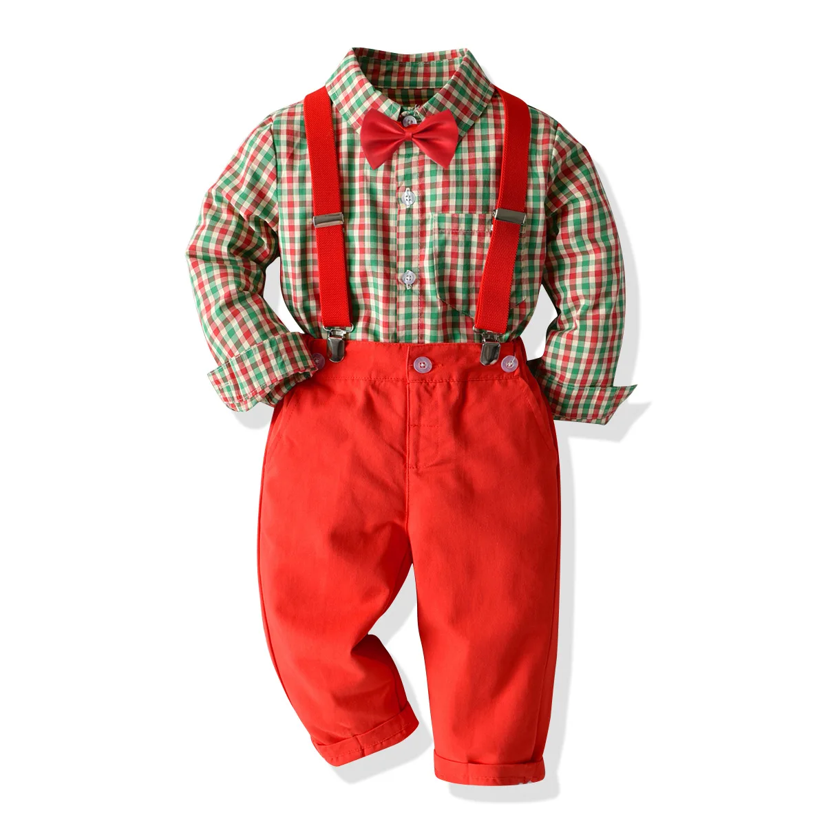 Fall Toddler Boy Outfits Fashion Gentleman Plaid Long Sleeve Baby Tops+Pants+Straps+Tie Christmas Clothes Kids Clothing BC1800