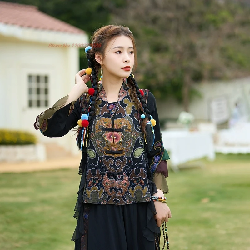 2025 national flower embroidery v-neck vest chinese traditional patchwork vest vintage sleeveless jacket retro ethnic waistcoat